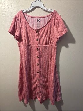 NWOT SO Girls Pink Ribbed Button Front Dress Polka Dot Puff Sleeve Size L 10/12